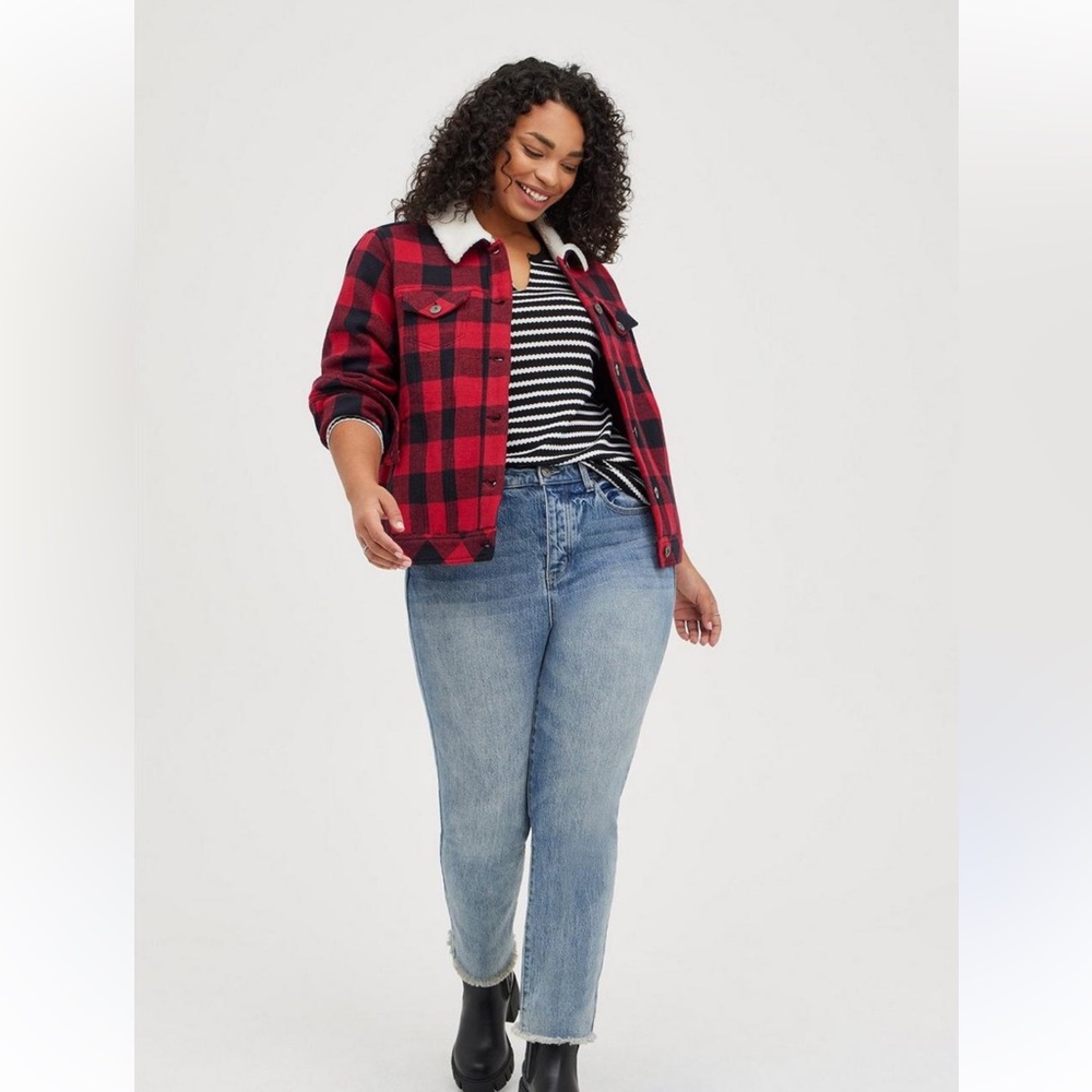 Torrid Red Checkered Sherpa Lined Trucker Jacket. Size 4.
